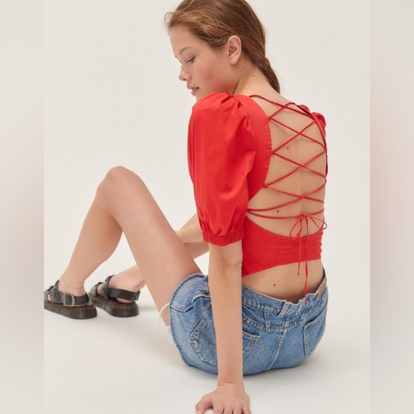 Urban Outfitters Red Strappy-Back Puff Sleeve
Blouse Sz S - Picture 1 of 15